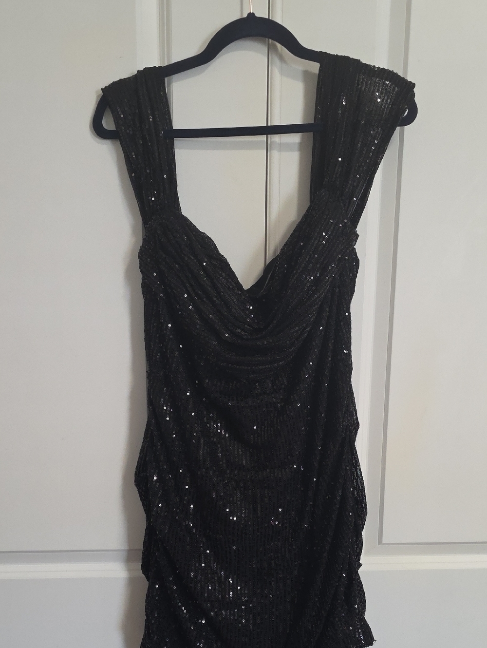 Black Sequin Draped Cocktail Dress
